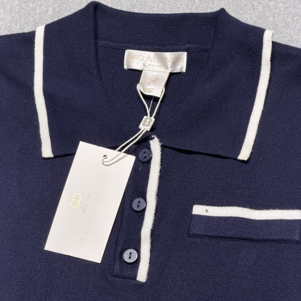 Caroline Constas Navy Blue Knit Polo Mini Dress White Trim Pleated Skirt Size M - Picture 9 of 12